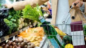 woman in white coat holding green shopping cart